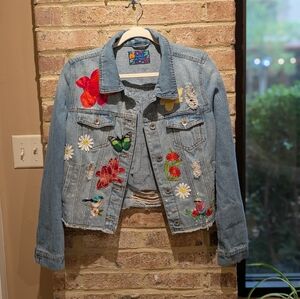 Eye Full Of Stars Embroidered Denim Jacket with Floral, Bird & Butterfly Design